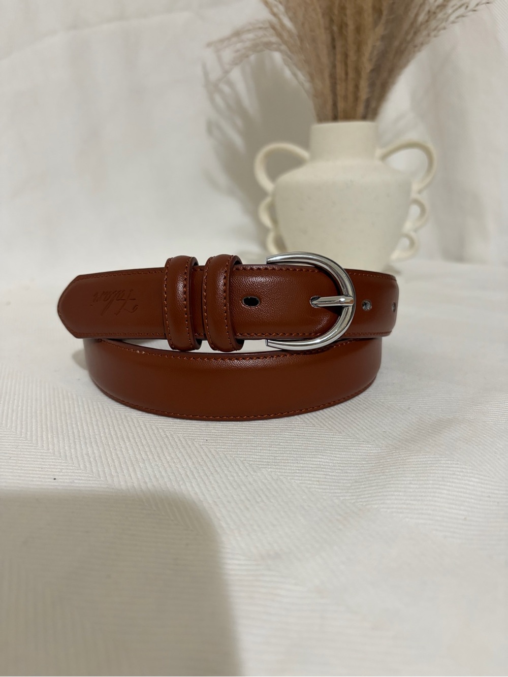 NEW Falari  Brown Leather Belt Silver Buckle Double Loops Minimalist Neutral S
